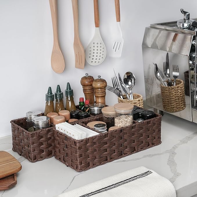GRANNY SAYS Bathroom Baskets for Organizing, Wicker Baskets for Shelves, Toilet Storage Basket with Dividers, Small Basket for Organizing, Brown, 2-Pack