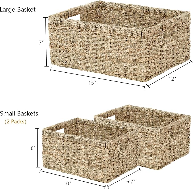 Vagusicc Wicker Basket, Set of 3 Hand-woven Storage Baskets for Organizing, Seagrass Wicker Storage Basket Bins with Handles, Small Toilet Paper Storage Baskets for Shelves Pantry Baskets (Seagrass)
