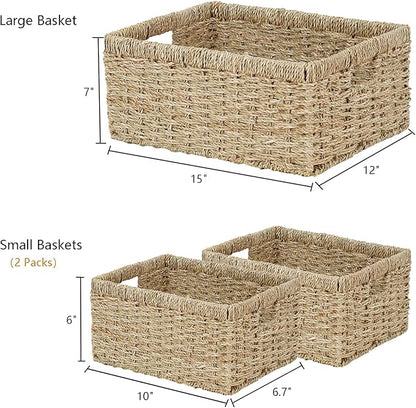 Vagusicc Wicker Basket, Set of 3 Hand-woven Storage Baskets for Organizing, Seagrass Wicker Storage Basket Bins with Handles, Small Toilet Paper Storage Baskets for Shelves Pantry Baskets (Seagrass)