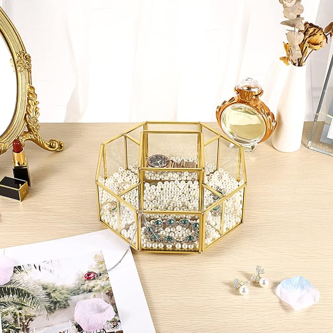 Hipiwe 360 Degree Rotating Glass Makeup Organizer- 5 Slots Gold Metal Cosmetic Storage Display Holder Octagon Dresser Bathroom Spinning Vanity Organizer For Makeup Brushes, Lipsticks, Perfume