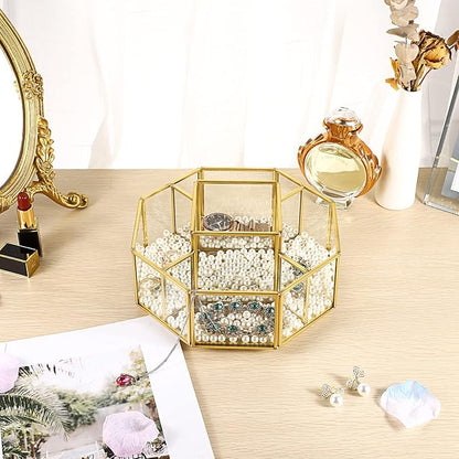Hipiwe 360 Degree Rotating Glass Makeup Organizer- 5 Slots Gold Metal Cosmetic Storage Display Holder Octagon Dresser Bathroom Spinning Vanity Organizer For Makeup Brushes, Lipsticks, Perfume