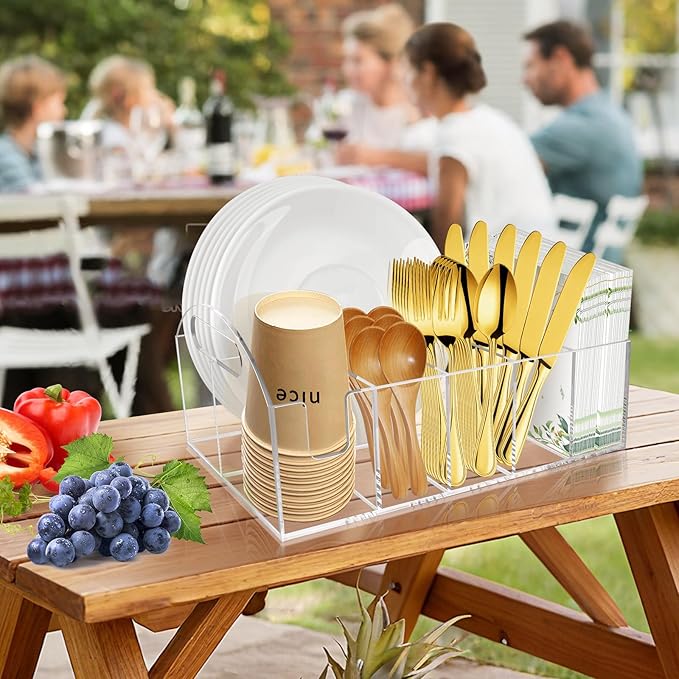 Acrylic Paper Plate Organizer, Utensil Silverware Caddy, Used For Storing Plates, Cups, Napkins, Small Snacks And Tableware - Suitable For Home, Party, Camping And Picnic