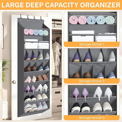 Over The Door Shoe Organizer - 8-Shelves Hanging Shoe Rack with Exlarge Deep Pockets | Behind Door Space Saving for Apartments, Dorms, RV Closets | Anti-Slip Oxford Fabric (14-Pocket, Gray)