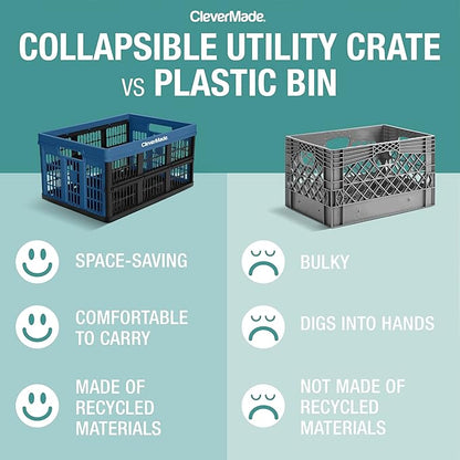 CleverMade Collapsible Utility Crates, Obsidian, 3 Pack, 45L/11 Gal, 66 lbs Capacity, Stackable Containers, Heavy Duty, Space-Saving Baskets,Polypropylene (PP)