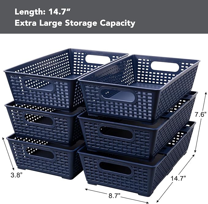 Tiawudi Stackable Woven Plastic Basket, Storage Bins for Cabinet, Closet, Shelf, Under Sink and Countertop, Pantry Organizer Bins, 6 Pack