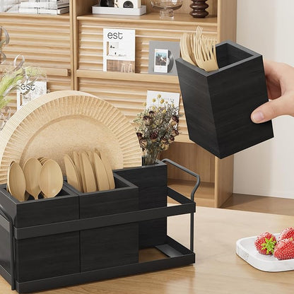 Wood Silverware Caddy Paper Plate Dispenser Utensil Caddy, Cutlery Holder for Party Cutlery Flatware Organizer Box for Knives, Spoons, Cups, Forks, Napkins