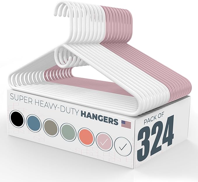 Super Heavy Duty Clothes Hangers 100+ Pack (324 Count) – Made in the USA - 10lb Capacity, Thick Plastic Hangers for Pants, Coats, Jackets, Jeans and Adult Clothing – White & Pink