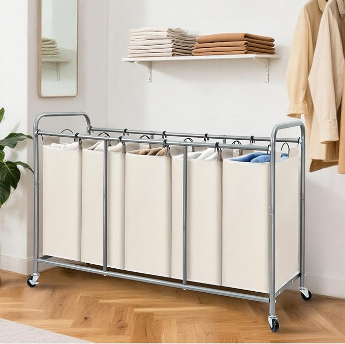 STORAGE MANIAC 5 Section Laundry Sorter, 5 Bins Rolling Separator Laundry Basket, Dirty Clothes Hamper Divider with Heavy Duty Rolling Lockable Wheels, Large Clothes Organizer Cart, Beige