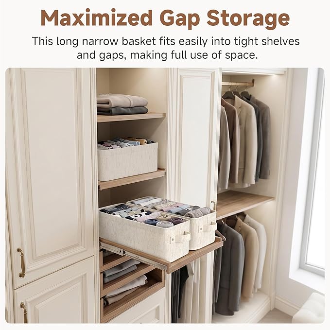 StorageWorks Narrow Storage Bins, Small Basket for Closet and Shelves, Fabric Closet Organizer Storage Bins with Handles, Toilet Paper Storage Baskets, Beige, Cotton Linen, 2-Pack