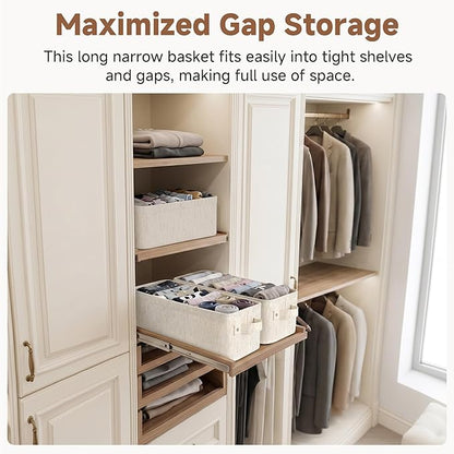 StorageWorks Narrow Storage Bins, Small Basket for Closet and Shelves, Fabric Closet Organizer Storage Bins with Handles, Toilet Paper Storage Baskets, Beige, Cotton Linen, 2-Pack