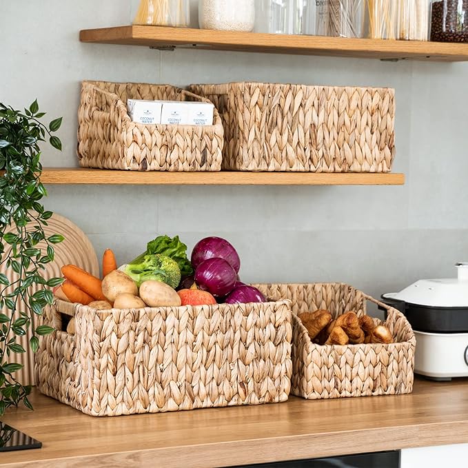 FairyHaus Wicker Baskets 15x11x7 & 13.4x9.5x6.5, 2 Pack Handmade Big Wicker Storage Basket with Handles, Natural Water Hyacinth Wicker Baskets for Storage Shelves Organizing, Rectangle Wicker Basket