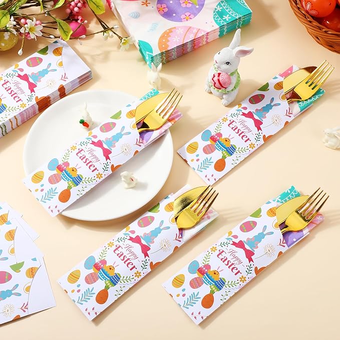 FoldTier 100 Pieces Easter Utensil Cutlery Holders Pouch Bags Easter Napkins Set Bunny Egg Silverware Holder Bag Utensil Sleeve Luncheon Napkins Spring Disposable Paper Napkins for Easter Party Table