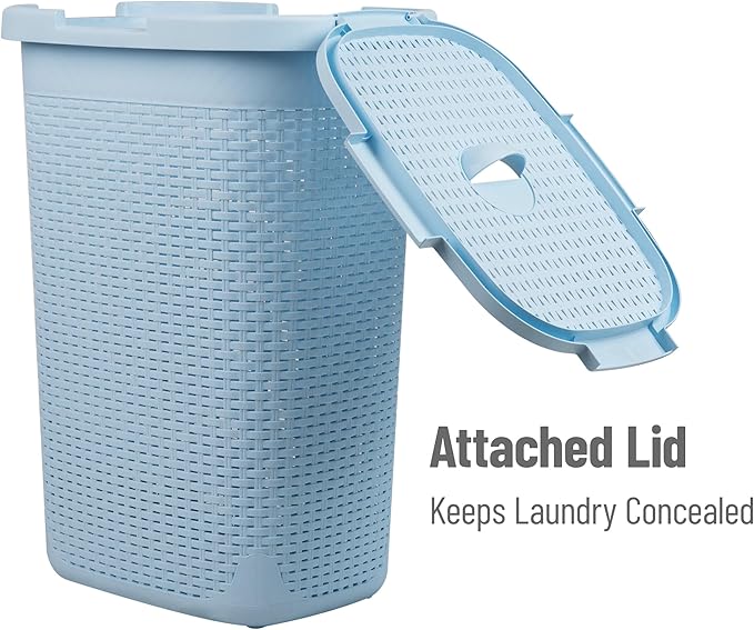 Mind Reader Slim Laundry Hamper with Lid, 60L Tall Clothes Basket, Narrow Tapered Design for Bathrooms, Closets and Laundry Rooms, Plastic, Baby Blue