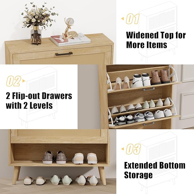 Gadroad Shoe Storage Cabinet with 2 Flip Drawers, Freestanding Shoe Organizer with Wood Legs, Farmhouse Rattan Shoe Rack for Entryway, Living Room, and Bedroom, Natural