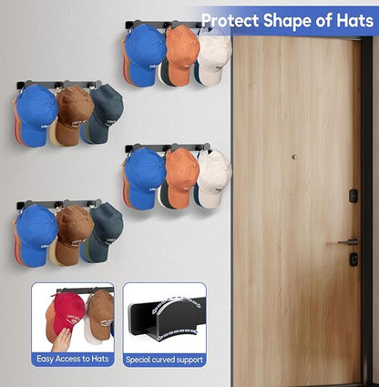 KIMBORA 4 Packs Hat Rack for Wall, Hat Organizer for Baseball Caps Holds 36 Hats, 3 Mounting Options Hat Hook Hanger, Strong Baseball Hat Holder Storage, Cap Display for Door, Room, Closet (Black)