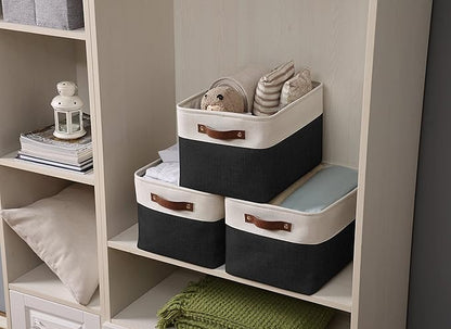 DECOMOMO Storage Bins, Large Fabric Storage Baskets for Shelves, Decorative Linen Closet Organizer, 15 x 11 x 9.5 inches (Black & White, 3 Pack)