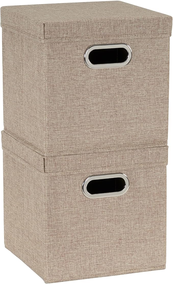 Household Essentials 802-1 Café Cube Bin Storage Set with Lids and Handles | 2 Pack, Brown Linen