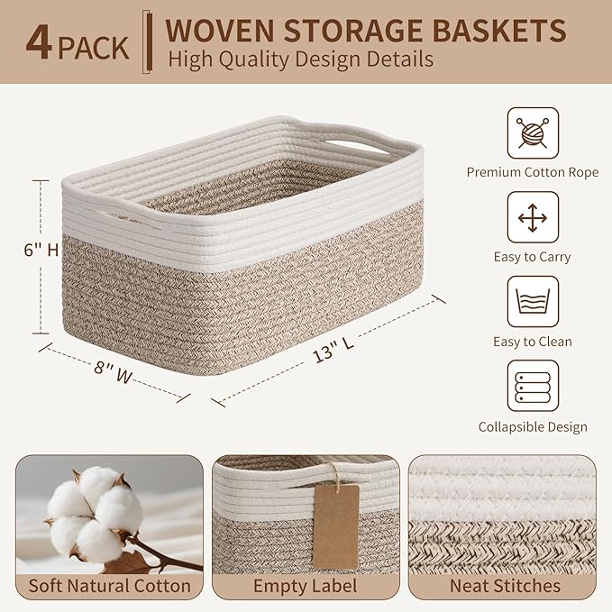 Goodpick 4 Pack Storage Baskets for Shelves, Rectangle Woven Baskets for Organizing, Cotton Rope Storage Bins for Baby Toys, Decorative Basket for Gifts, 13''L x 8''W x 6''H, Brown & White