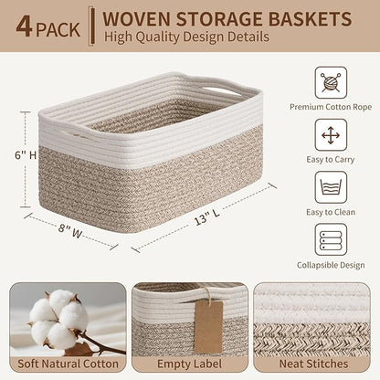 Goodpick 4 Pack Storage Baskets for Shelves, Rectangle Woven Baskets for Organizing, Cotton Rope Storage Bins for Baby Toys, Decorative Basket for Gifts, 13''L x 8''W x 6''H, Brown & White