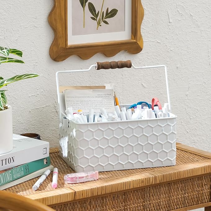 Silverware Caddy for Party Kitchen Flatware Holder for Countertop Metal White Honeycomb Pattern Embossed Cutlery Organizer with 4 Compartments for Utensils, Spoons, Knives, Forks
