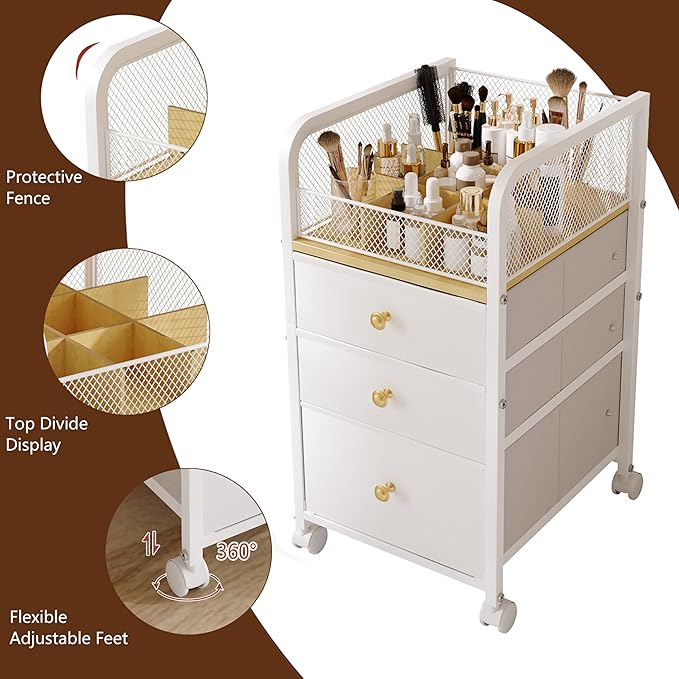 Makeup Organizer Storage Cart with Drawers, Makeup Organizer on Wheels, Rolling Makeup Bathroom Storage Cart, Cosmetic Vanity Display Cases Holder for Nail Polish Brush Hair Tool