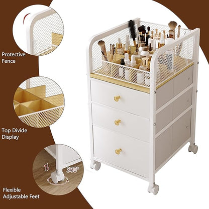Makeup Organizer Storage Cart with Drawers, Makeup Organizer on Wheels, Rolling Makeup Bathroom Storage Cart, Cosmetic Vanity Display Cases Holder for Nail Polish Brush Hair Tool