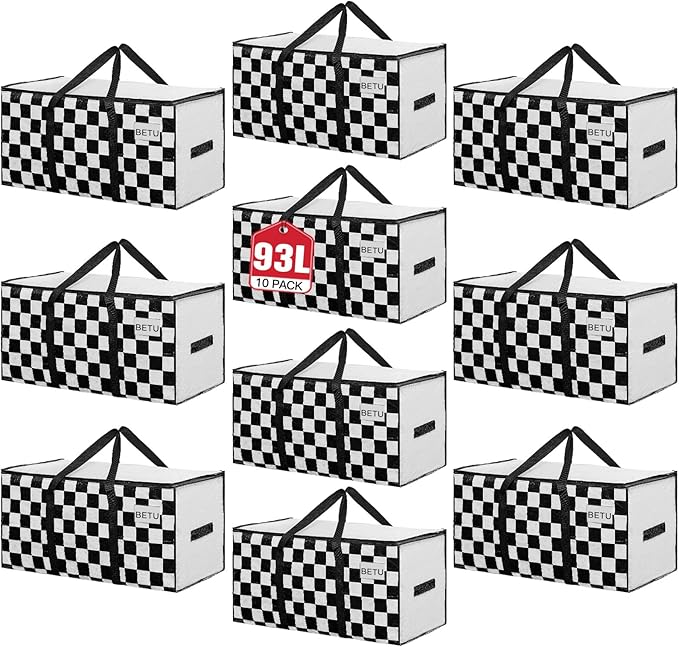 BETU 10 Pack Moving Bags Moving Storage College Dorm Camping Packing Travel PE Heavy Duty, Sturdy Handle, Zipper Large Storage Tote Bag Moving Boxes Box Alternative - White Plaid 29L x 15W x 15H