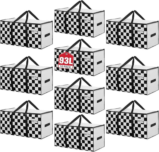 BETU 10 Pack Moving Bags Moving Storage College Dorm Camping Packing Travel PE Heavy Duty, Sturdy Handle, Zipper Large Storage Tote Bag Moving Boxes Box Alternative - White Plaid 29L x 15W x 15H