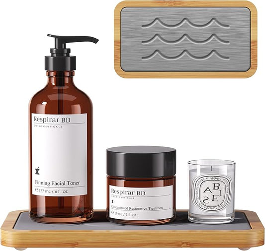 Water Absorbing Stone Tray for Sink, Kitchen Sink Caddy Organizer, Diatomite Bathroom Vanity Counter Tray, Soap Dispenser Sponge Holder, Fast Drying Stone Faucet Mat with Bamboo Tray