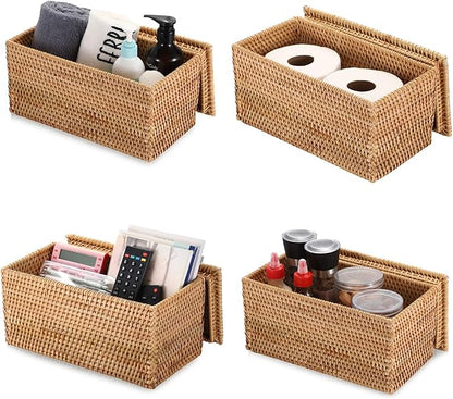 Hipiwe Rattan Basket Box with Lid Handwoven Wicker Storage Basket Bins Lidded Decorative Baskets Rectangular Household Baskets for Shelf Organizing Home Decor, 11.8"Lx6.2"Wx6.1"H