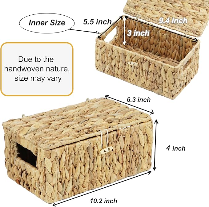 Small Wicker Basket with Lid, Natural Water Hyacinth Storage Baskets for Organizing, Rectangular Woven Basket for Storage, Decorative Boxes Bins with Lids and Built-in Handles (10.2" x 6.3" x 3.9")