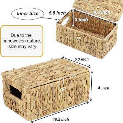 Small Wicker Basket with Lid, Natural Water Hyacinth Storage Baskets for Organizing, Rectangular Woven Basket for Storage, Decorative Boxes Bins with Lids and Built-in Handles (10.2" x 6.3" x 3.9")