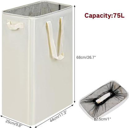 efluky Slim Laundry Basket, Narrow Laundry Hamper with Handles, Collapsible Dirty Clothes Hamper, Tall Laundry Bin for Laundry Room, Dorm and Bedroom, 19.8 Gallon (75L) Beige