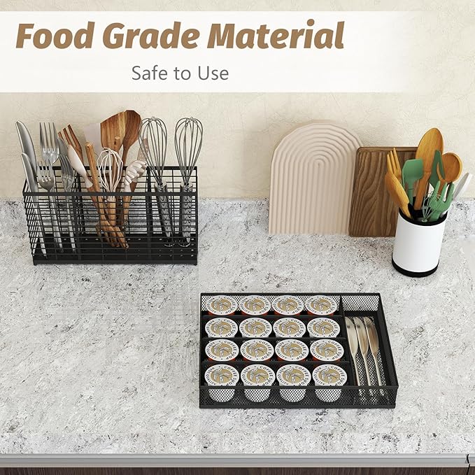 Sedegn Silverware Organizer Metal Mesh, Small Drawer Organizer, Utensil Cutlery Tray for kitchen drawers, Flatware Organizer with 5 Compartment, Black(9.3"*12.6")