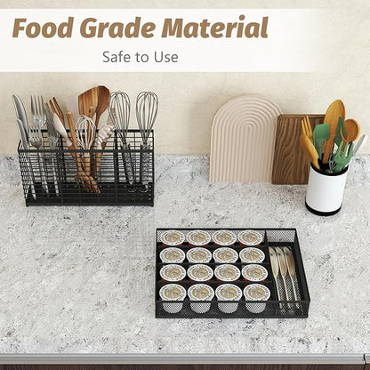 Sedegn Silverware Organizer Metal Mesh, Small Drawer Organizer, Utensil Cutlery Tray for kitchen drawers, Flatware Organizer with 5 Compartment, Black(9.3"*12.6")