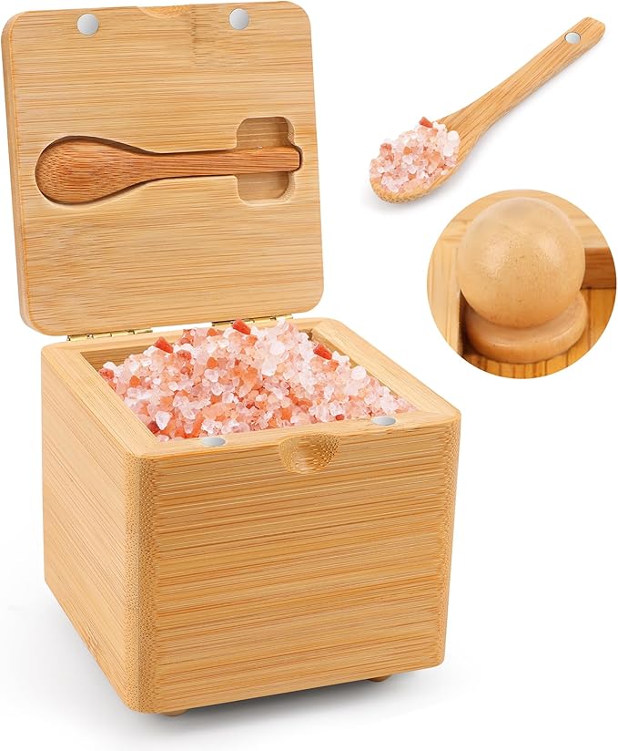 Luxiv Updated Bamboo Salt Cellar with Lid and Spoon, Bamboo Salt Box Wood Spice Box with Magnetic Lid for Pepper Spice Sea Salt Container Jar For Countertop with 4 Bases