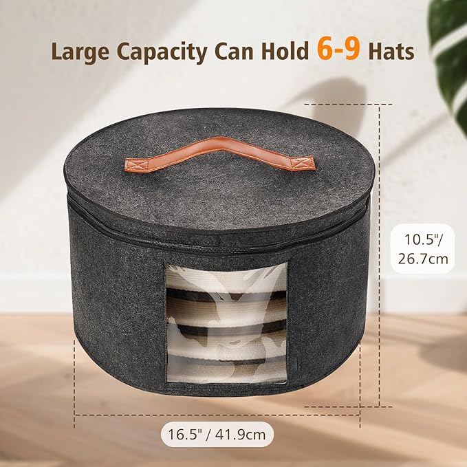 HEAVYWOOD Hat Box for Women Storage Travel Felt Hat Case for Wide-Brim Cowboy Hat Storage Foldable Organizer for Closet Large Round Hat Carrier with Portable Handle (Dark Gray)