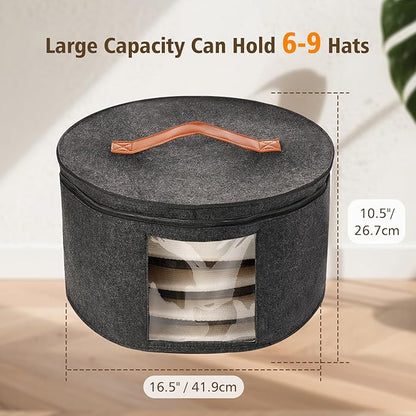 HEAVYWOOD Hat Box for Women Storage Travel Felt Hat Case for Wide-Brim Cowboy Hat Storage Foldable Organizer for Closet Large Round Hat Carrier with Portable Handle (Dark Gray)