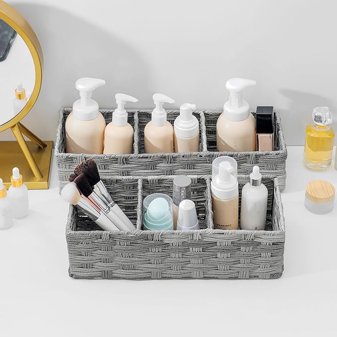 Toilet Tank Topper Paper Basket Multiuse Hand Woven Plastic Wicker Basket Bins with Divider for Shelves Rustic Farmhouse Bathroom Decor Countertop Organizer Storage