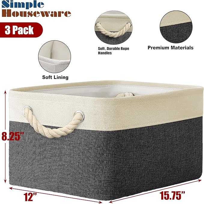 Simple Houseware 15.7" x 12" Wide & Low Fabric Storage Bin for Shallow Gaps and Closet, Braided Handles, 3 Pack, Dark Gray