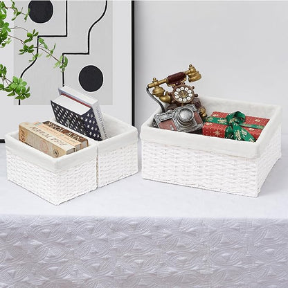 Vagusicc Wicker Basket, Set of 3 Hand-woven Storage Baskets for Organizing, Decorative Rectangle Wicker Storage Basket Bins with Handles, Small Toilet Paper Storage Baskets for Shelves & Decor, White