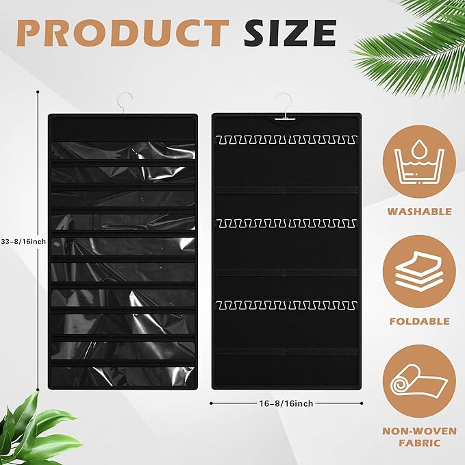 Hanging Jewelry Organizer Storage Roll, Double-Sided Necklaces Holder, 42 Pockets Plus 36 hooks Earrings Organizer Hang in Closet, On Wall, or Doors, Black