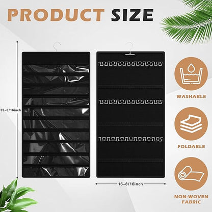 Hanging Jewelry Organizer Storage Roll, Double-Sided Necklaces Holder, 42 Pockets Plus 36 hooks Earrings Organizer Hang in Closet, On Wall, or Doors, Black