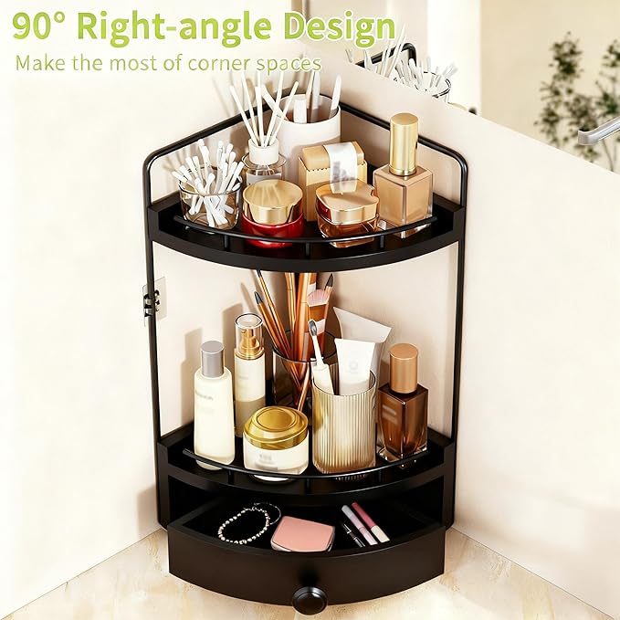 2-Tier Corner Bathroom Counter Organizer with Drawer & Embedded Screw Holes - Wooden Countertop Organizers for Skincare, Makeup Storage, Bathroom Sink Counter Shelf for Vanity, Kitchen, Black