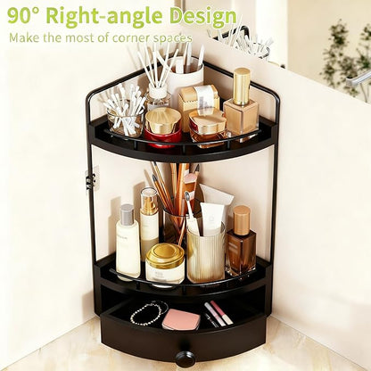 2-Tier Corner Bathroom Counter Organizer with Drawer & Embedded Screw Holes - Wooden Countertop Organizers for Skincare, Makeup Storage, Bathroom Sink Counter Shelf for Vanity, Kitchen, Black