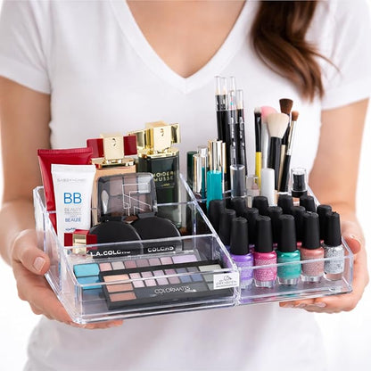 Decozen Makeup Organizer - Vanity Storage with Multiple Compartments and Drawers for Brushes, Lipsticks, Jewelry, Perfect for makeup organizer countertop, makeup holders and organizers, Gift for Mom