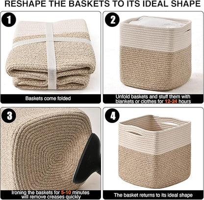 ICERZCZ 13 Inch Cube Closet Storage Bins, Woven Cotton Rope Organizer Baskets for Organizing & Shelves, Books, Towels, Clothes, Toys, 13x13x13 in, Off White & Brown (Pack of 3)