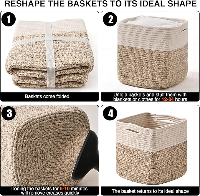 ICERZCZ 11 Inch Cube Storage Bins, Organizer Woven Cotton Rope Square Baskets for Organizing Shelves, Toys, Nursery, Off White & Brown (Pack of 3)