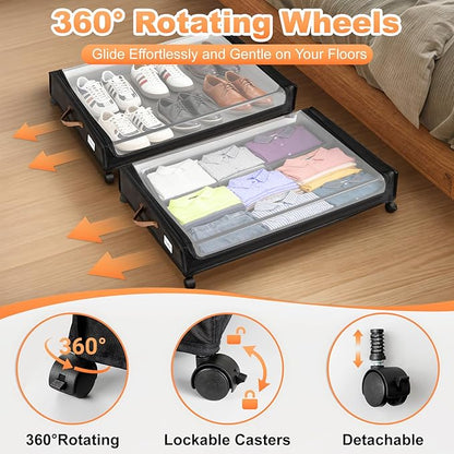 80L Larger Under Bed Storage with Wheels, 2-Pack XXL Underbed Shoe Storage with Clear Lid, Easy Pull-out Rolling Under Bed Storage Containers, Underbed Storage Bins for Clothes, Shoes, Black