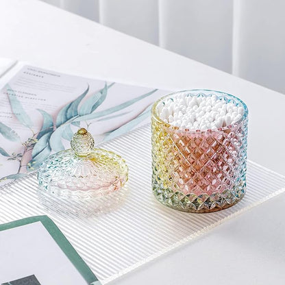 rejomiik Qtip Holder Glass Apothecary Jars with Lid Bathroom Accessories Vanity Organizers and Makeup Storage for Cotton Swabs, Makeup Sponges, Bath Salts, Canister Dispenser, 2 Pack Rainbow